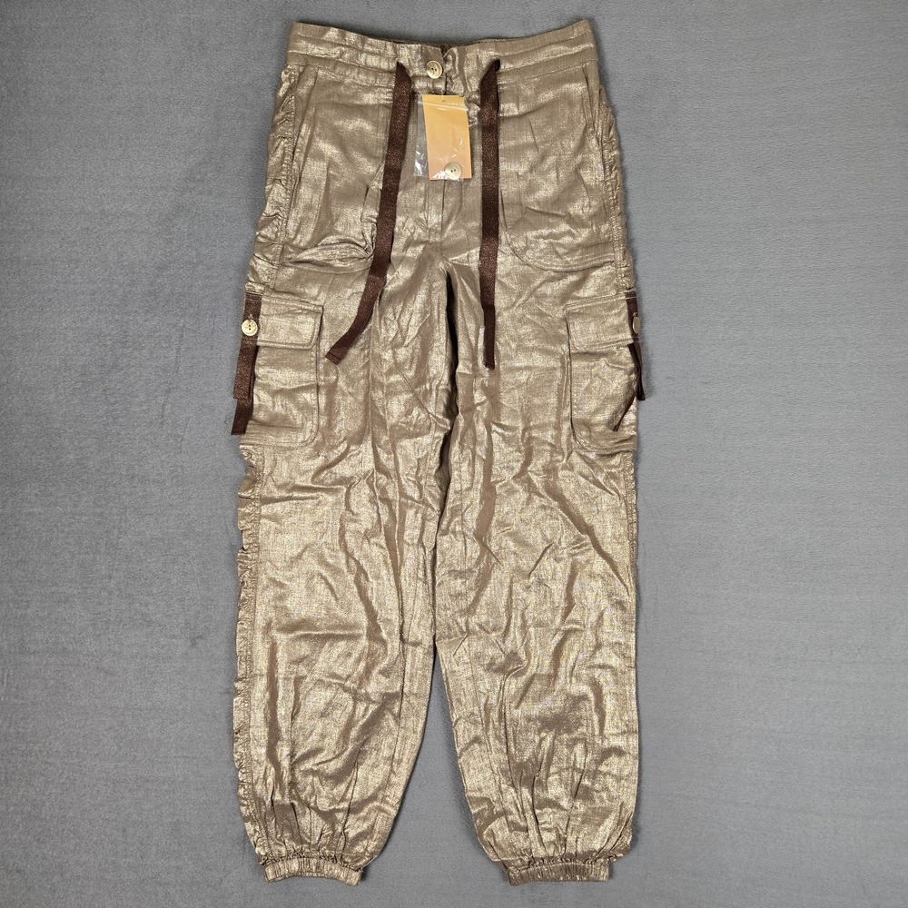 Le Superbe Pants Womens 0 Cargo Joggers Metallic Gold Linen Blend $395 NWT